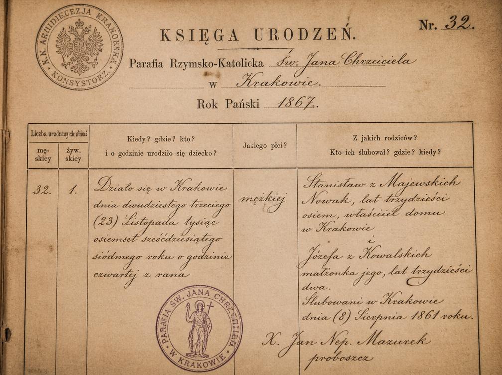 Sepia-toned 19th century Polish parish birth certificate