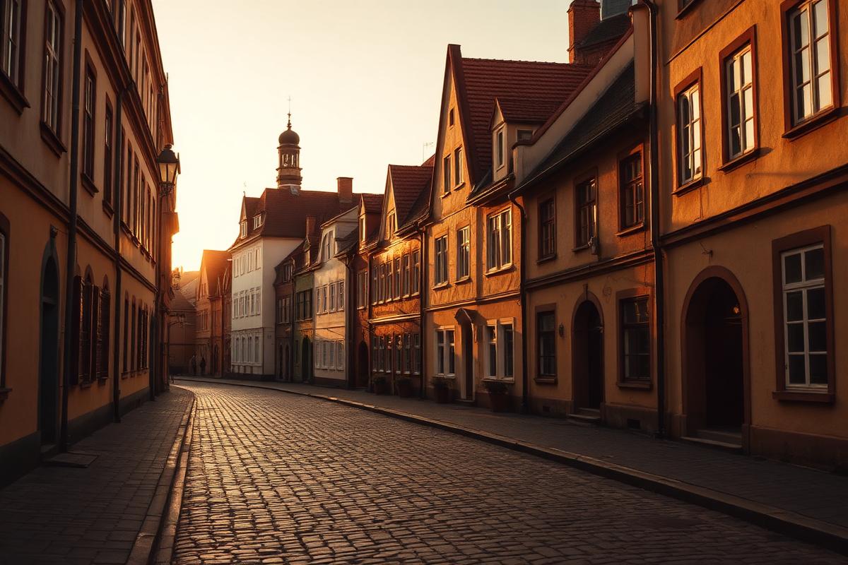 A cobblestone street in an old Polish town at golden hour